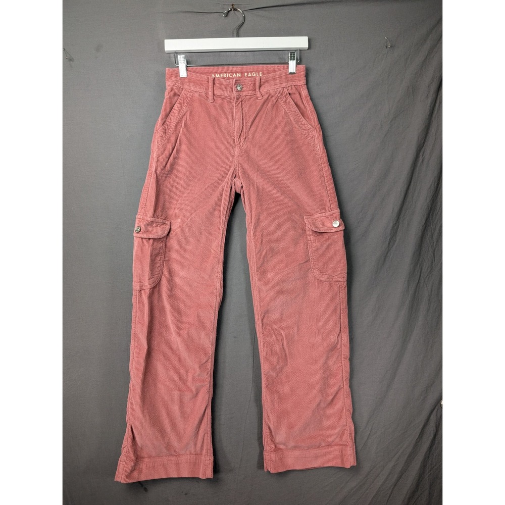American‎ Eagle Corduroy Cargo Pants Pink High Rise Straight Leg 00 Regular